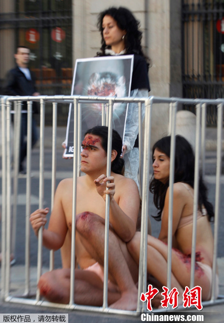2012年1月19日，西班牙巴塞罗那，保护动物组织的示威者半裸身体将自己关在笼子里，抗抑为获得裘皮服装而杀害动物。（中新网）