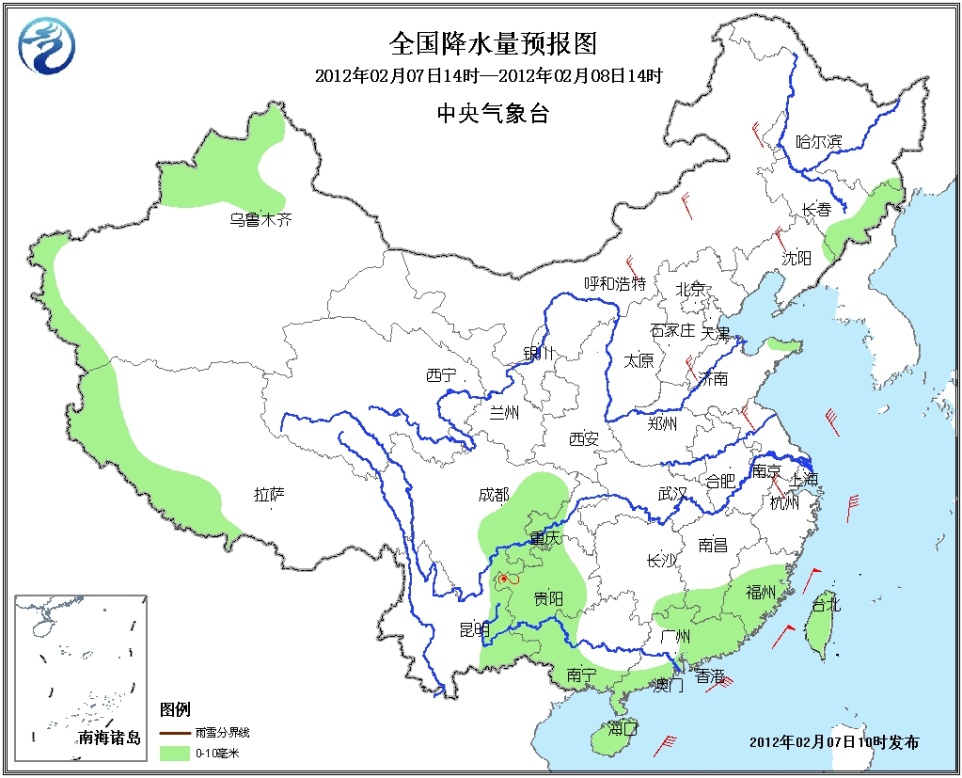 2,长江以南大部地区多阴雨天气