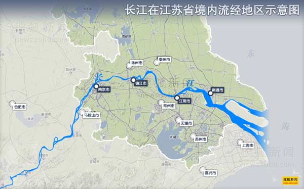 长江在江苏省境内流经地区示意图