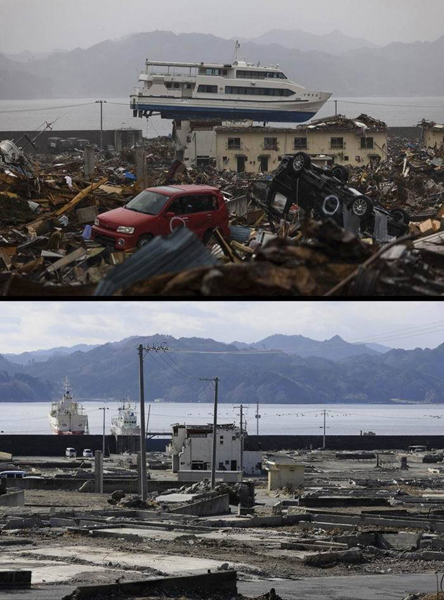 日本地震海啸一年后对比图