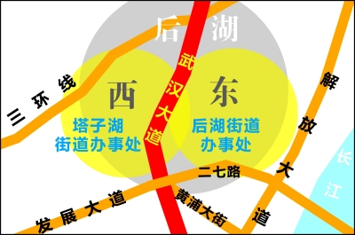 武汉大道以东地区叫后湖街道办事处,以西叫塔子湖街道办事处