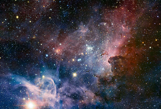 船底星云全景图，这里是超大质量恒星诞生之地，是欧洲南方天文台甚大望远镜的红外HAWK-I相机拍摄的
