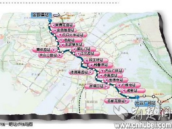 图为:武汉地铁2号线一期站点线路图