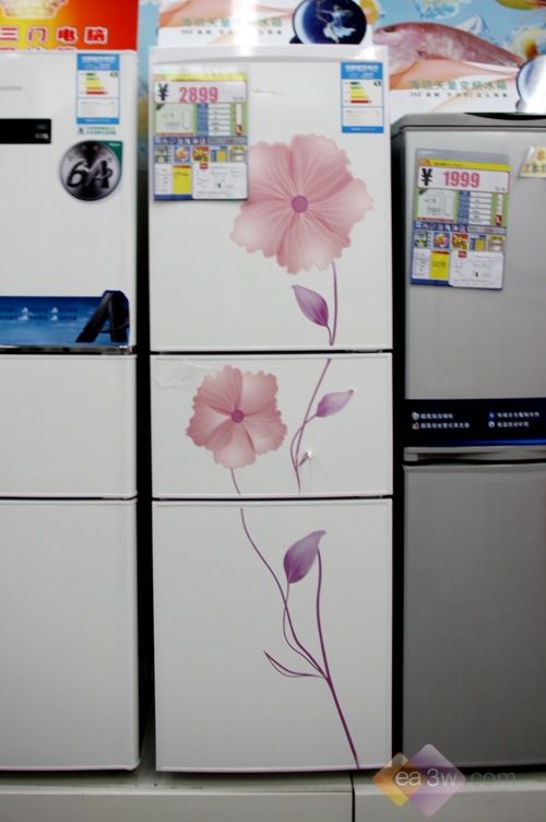 海信BCD-230D/X1是一款全白色面板的三门冰箱，由于设计上选用的是白色，在卖场中并不起眼，但是经过促销员DIY之后，白色的面板被覆盖了一层印花的贴纸更具创意。
