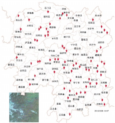昨日卫星图显示,湖南出现65个林火热点
