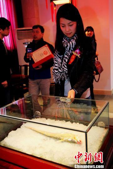 参与竞拍者观看冷藏的长江“刀鱼王”。黄智强摄