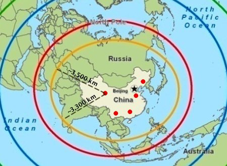 俄媒刊发的有关中国导弹的射程覆盖范围示意图