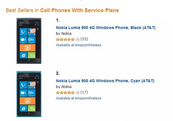 Lumia 900在亚马逊排行榜上居首位（TechWeb配图）
