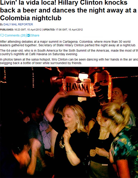 英媒報道希拉裡在夜店跳舞放松情景(網頁截圖)