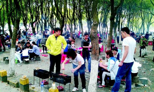 湖北日报讯 图为:昨日,马鞍山森林公园内,众多市民踏青,烧烤.