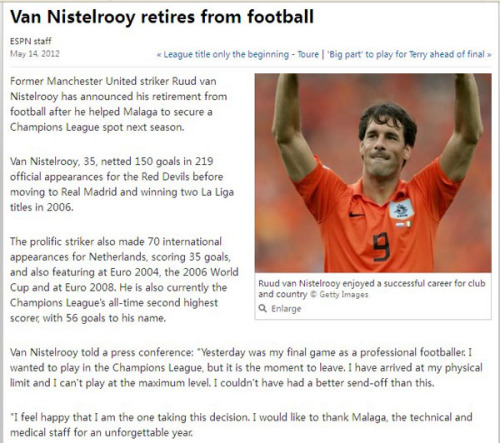 中新网5月15日电 北京时间今日，荷兰足球巨星范尼斯特鲁伊召开了新闻发布会，正式宣布退役。
