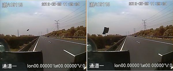 图为监控录像显示从对面方向飞来砸向驾驶员吴斌的铁块。新华社发