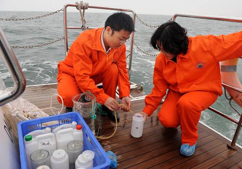 6月7日，青岛海洋局工作人员在浒苔出现海域抽取监测水样。新华社记者 李紫恒 摄