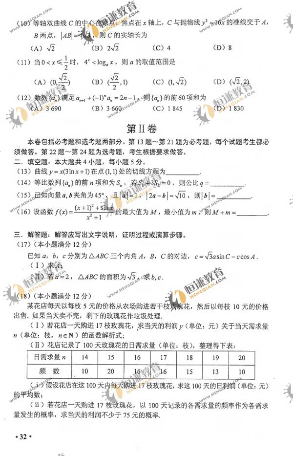 2012新课标高考试题发布(文科数学卷)-搜狐教