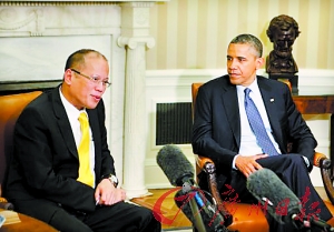 美国总统奥巴马8日在白宫会见到访的菲律宾总统阿基诺（左）。