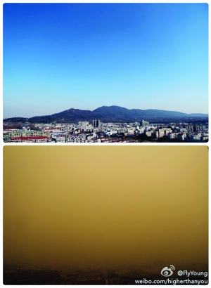 网友“FlyYoung”拍摄的两张远望紫金山的对比图，上图为2月2日拍摄，下图为昨天拍摄