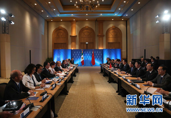 6月17日，中国国家主席胡锦涛在墨西哥洛斯卡沃斯同墨西哥总统卡尔德龙举行会晤，讨论发展中墨关系和其他共同关心的问题。新华社记者兰红光摄