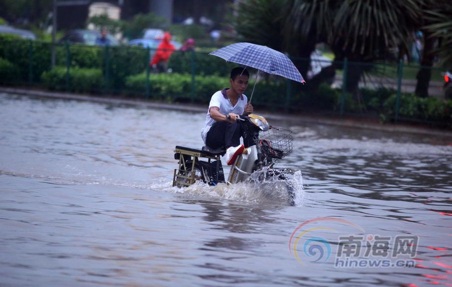 受“泰利”影响，海口昨日降下暴雨，图为海口市一位骑行者在水中艰难前行（南海网记者 张茂 摄）