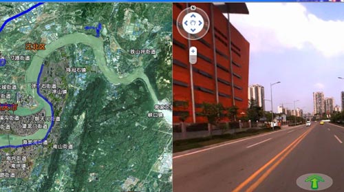 屏幕当即分开两屏:左边为影像地图,右边为实景街景.
