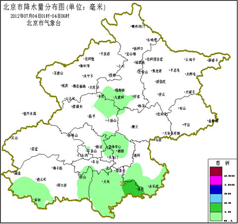北京市降水量分布图（4日1时~6时）