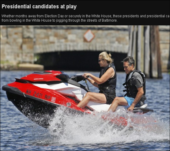 2012年7月2日，共和党总统竞选人米特 罗姆尼同妻子安 罗姆尼在新罕布什尔州沃尔夫伯勒（Wolfeboro）的温尼帕苏科湖上乘摩托艇。