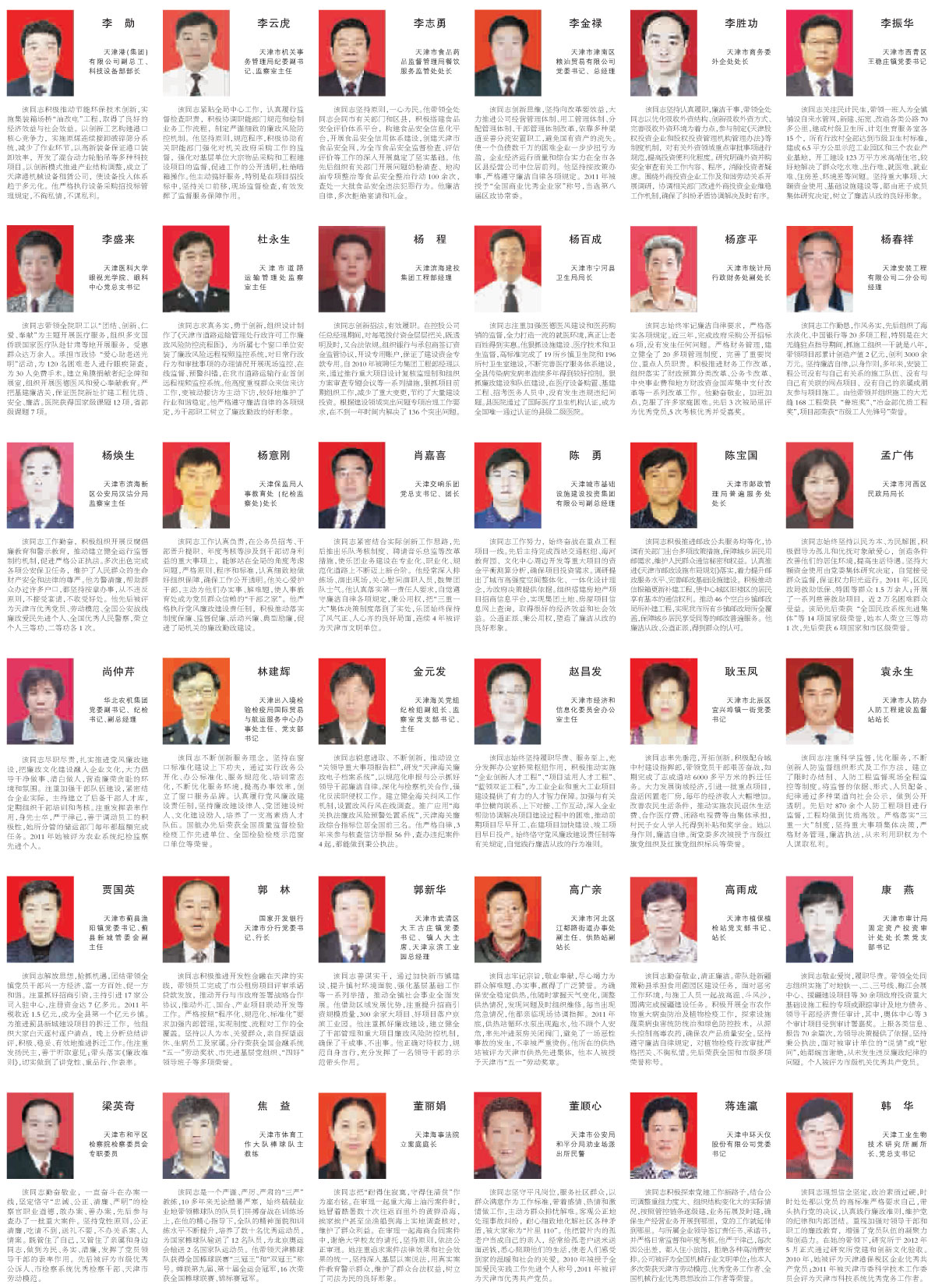 2012年天津市廉政勤政优秀党员干部拟表彰人