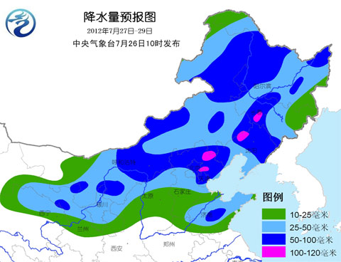 西北地区东部、华北、东北降水量预报图（7月27日至29日）