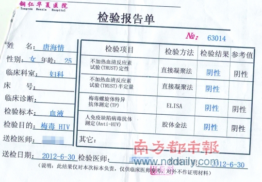 在指定医院梅毒检测呈阳性后，唐海情6月30日自行到铜仁华夏医院检测梅毒，呈阴性。(唐海情供图)