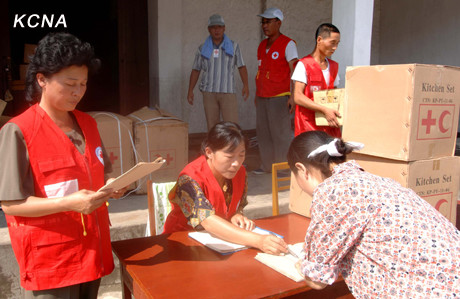 朝鲜红十字会在该国遭受水灾的平安南道安州市展开救灾活动。