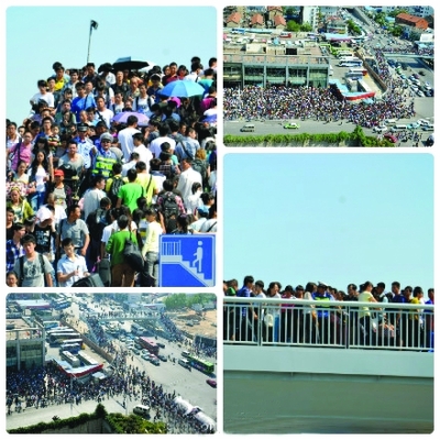 本报讯（记者韩玮）昨天，巨大人流让武昌火车站与宏基客运站之间的过街天桥成为“最挤”天桥，20位民警和协管员赶往现场维持秩序。