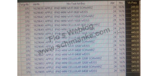 此次曝光iPad mini价格清单