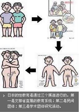 日本文部科学省出版的小学第一册《卫生》课教科书封面就有女性和男性的身体和性器官的图。小学里1年中有1-2小时的特别讲座，内容是男女之间身体的区别、月经和怀孕的原理等等。