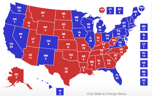 2012年总统大选两党候选人获胜州及选举人票地图