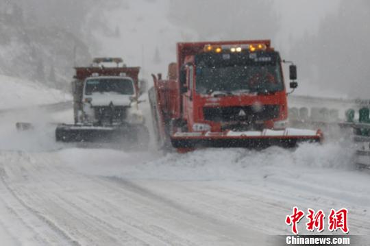 自11月19日16时30分起，新疆伊犁山区至今仍持续降雪，多处路段被积雪封闭，部分路段积雪厚度达50厘米。果子沟公路管理分局组织大型机械清除道路积雪保证交通安全畅通。张可静摄