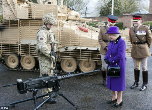 英国女王参观军营里的武器装备.