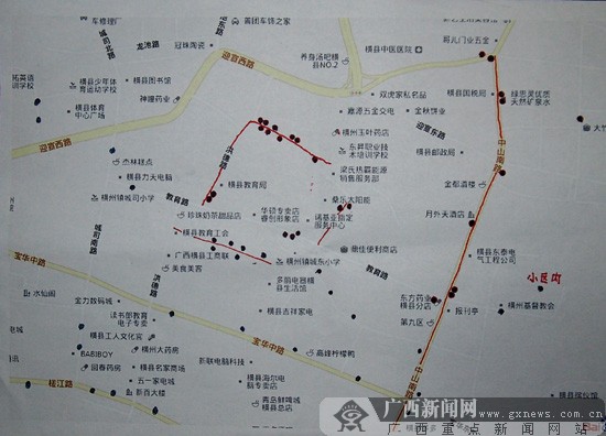 网友在横县地图上标注的部分老虎机分布点(图中黑圆点处).网友供图图片