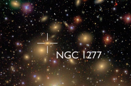 小型星系NGC 1277位于英仙座星系群，对比其它星系，NGC 1277星系非常紧密和扁平，其中包含着一个巨大的黑洞，质量是太阳的170亿倍