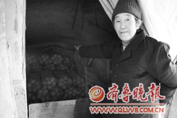 大年陈镇弭家村果农弭兴财家里贮存的苹果,他的老伴正指给记者看。