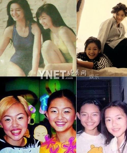 照片上的大s学生头黑t恤打扮,妹妹小s则是披肩长发配红裙.