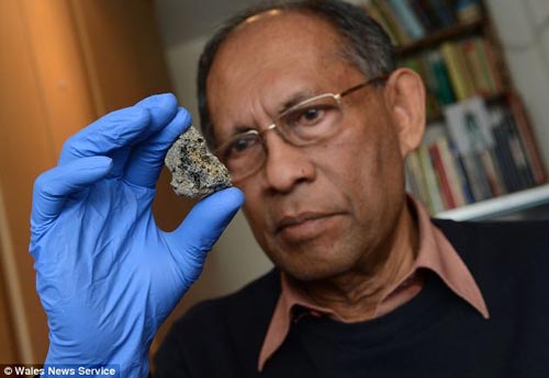 英国卡迪夫大学钱德拉教授手中拿着一块太空陨石