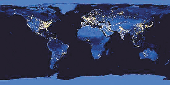 图为地球城市晚上的灯光分布图