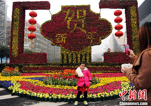 图为由鲜花图案"贺新年"吸引孩子拍照留念.中新社发 刘忠俊 摄