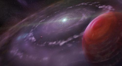艺术家描绘HR 8799恒星系统在进化形成的初期阶段，图中呈现了HR 8799c行星，气体灰尘盘，以及内部行星