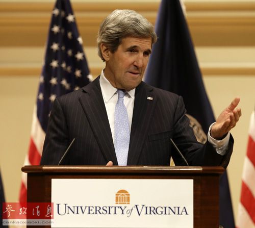 2月20日，在美国弗吉尼亚州弗吉尼亚大学，美国新任国务卿约翰・克里发表演讲。新华社/美联