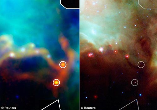 赫歇尔能够从探测到比较年轻恒星所散发出的红外线（左），而先前对该片区域的观测并未发现这些比较年轻的恒星（右）
