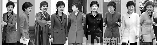 韩国首名女总统朴槿惠25日上任满一个月,她在不同场合下的穿着打扮