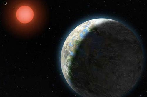 艺术家描绘的系外行星系统Gliese 581，其中在视野中最大的行星是Gliese 581g，它位于该系统的宜居带上。