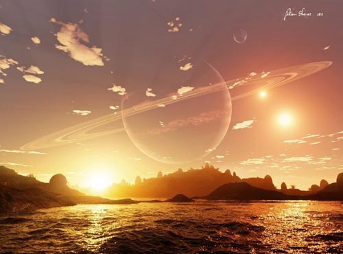 艺术家描绘的系外行星上的美丽景观。