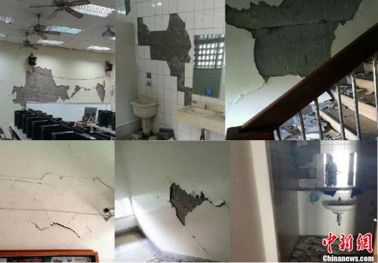3月27日，台湾南投发生里氏6.5级地震，位于南投的朝阳科技大学内建筑多处墙体受损破裂。（拼图）中新社发 廖子莹