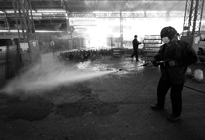 4月5日，南京紫金山交易市场的工人在进行地面消毒。新华社发
